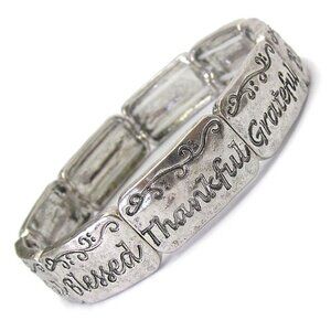 1/2" Wide Thankful Grateful Blessed Silver Inspirational Stretch Bracelet